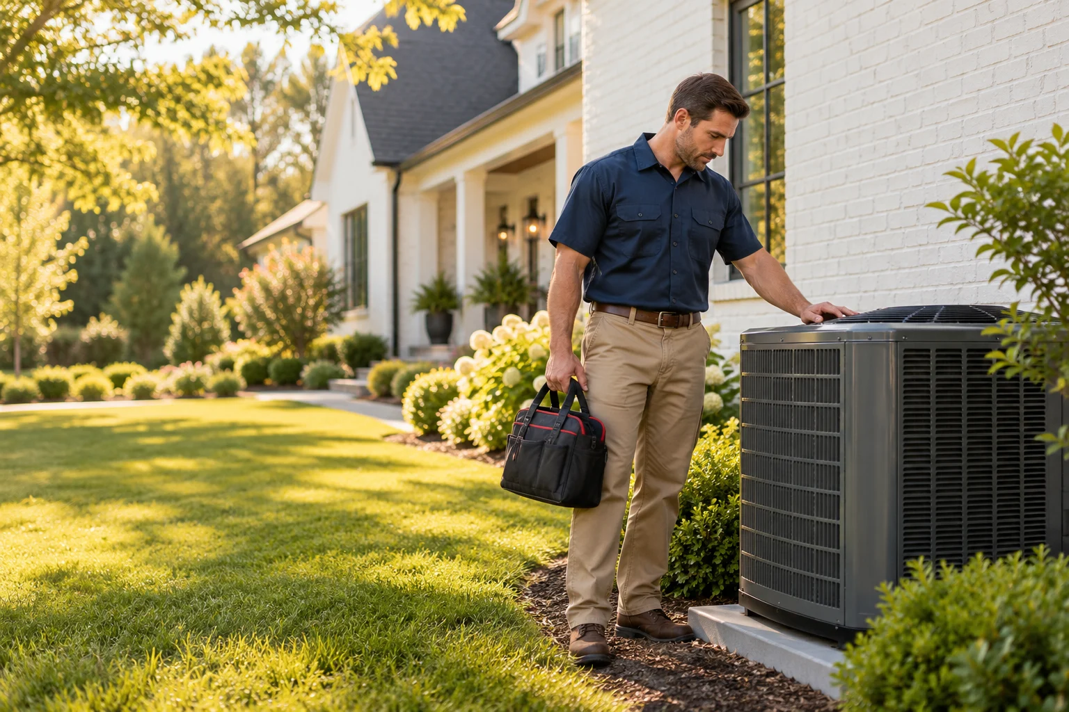 Illustration of an HVAC technician beside an outdoor air conditioning system