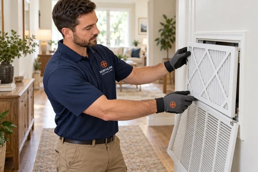 Northline technician fitting a clean pleated filter into a home return-air grille