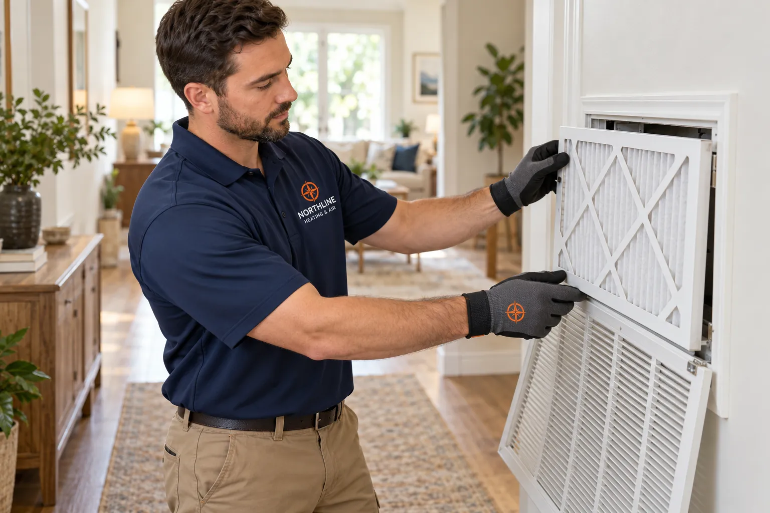 Northline technician fitting a clean pleated filter into a home return-air grille