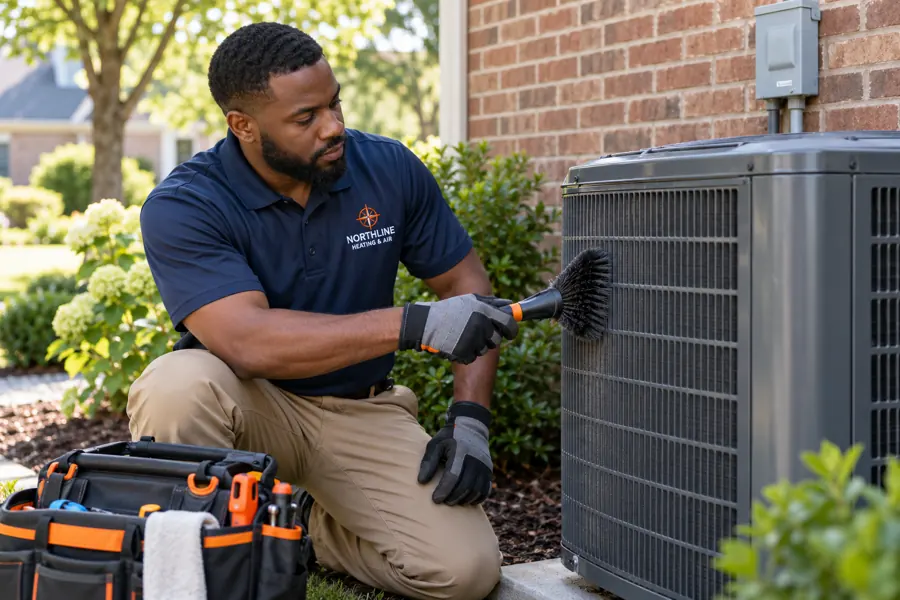 Northline technician carefully brushing an outdoor condenser grille beside a brick home