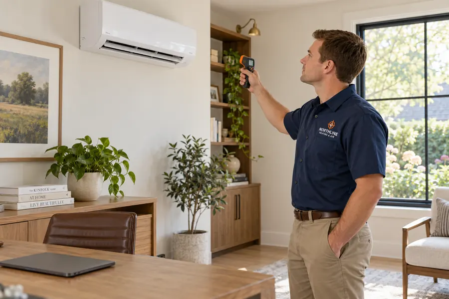 Northline technician checking a wall-mounted ductless system in a bright home office