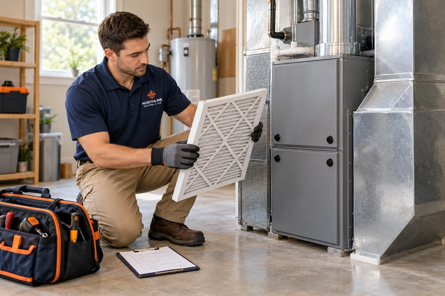 Northline technician inspecting a pleated filter beside a furnace and sheet-metal ductwork