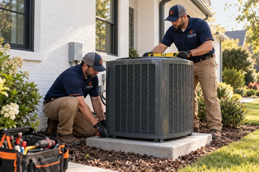 Two Northline-uniformed male technicians positioning an outdoor condenser and checking its level
