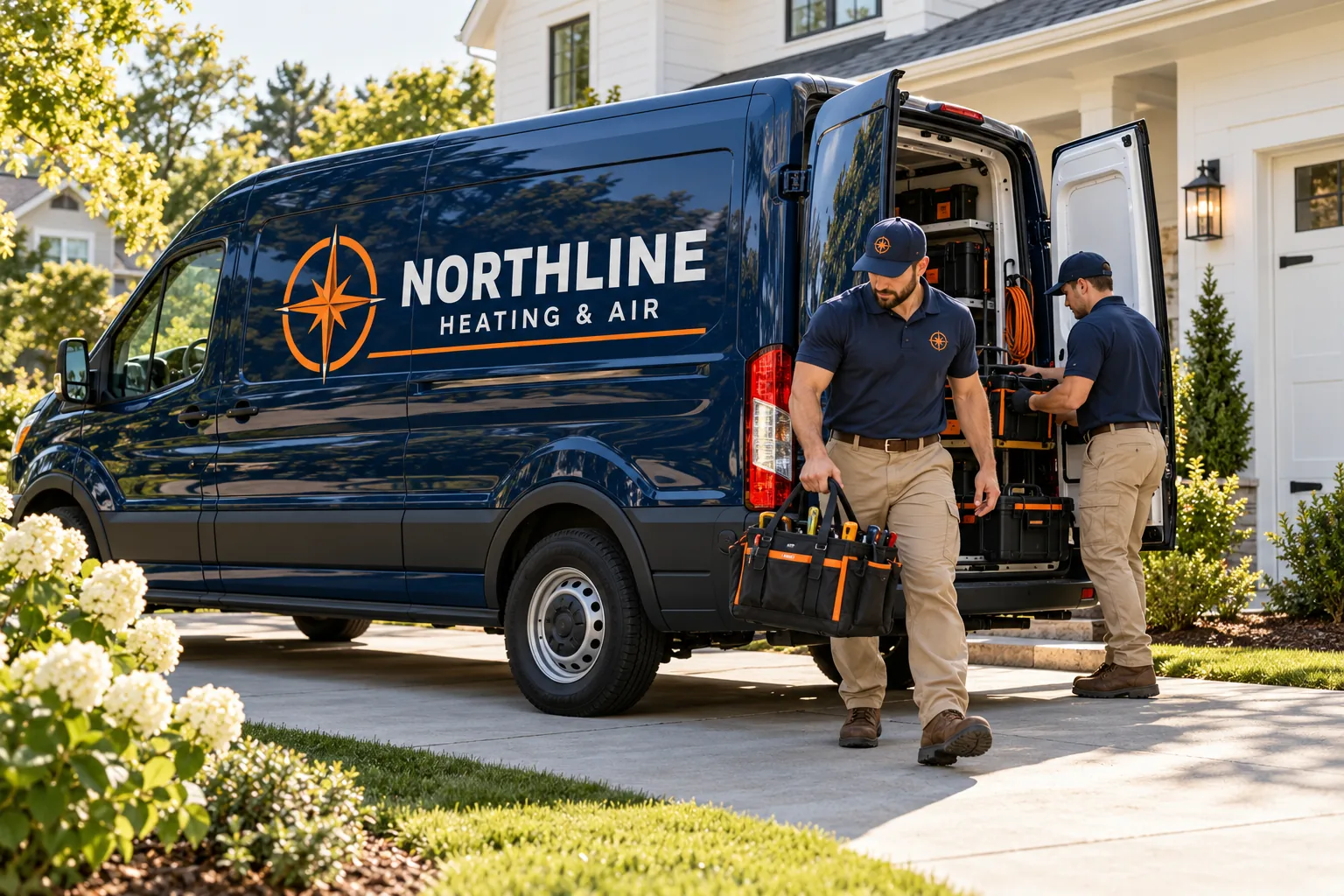 Two uniformed Northline technicians unloading tools from a navy and orange branded service van